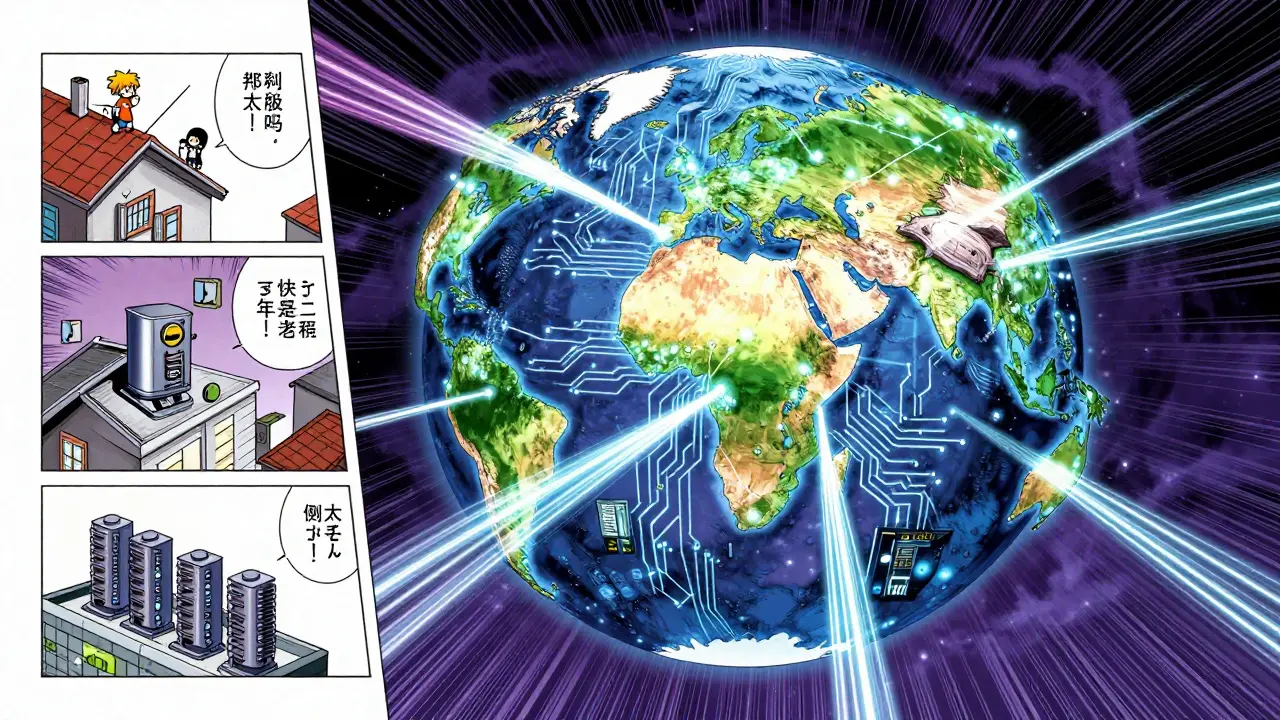 Dynamic manga illustration of a global decentralized network connecting people via glowing data streams.
