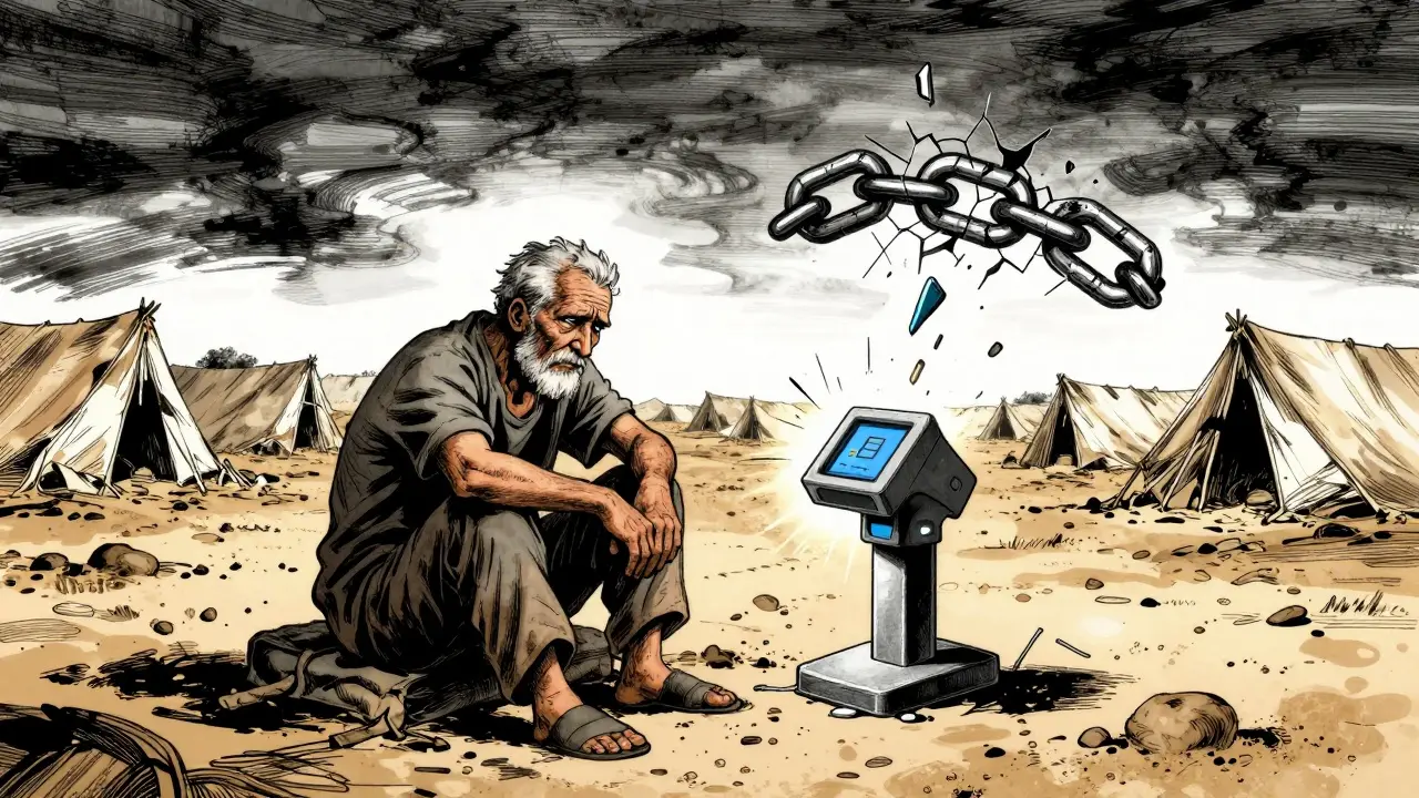 Elderly refugee frustrated by broken tech scanner