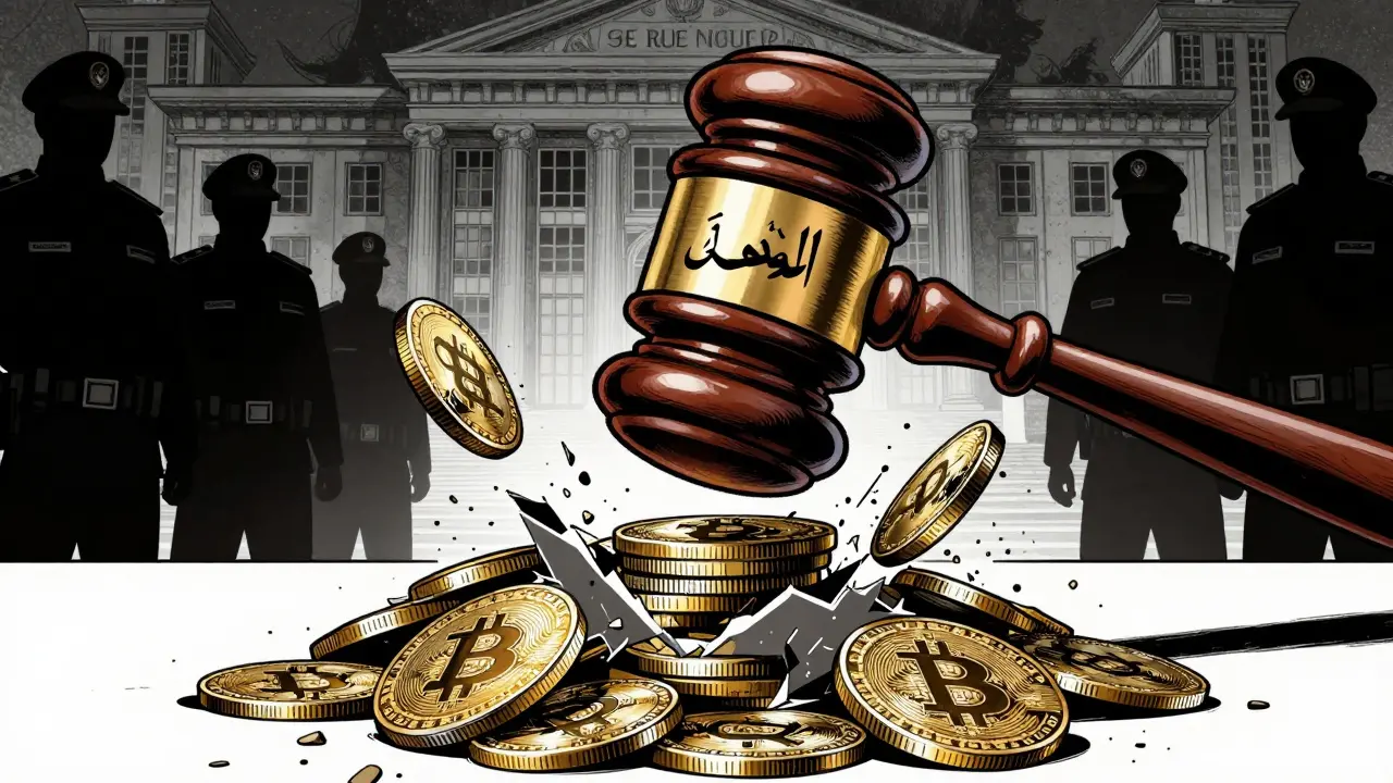 Gavel smashing crypto coins, symbolizing strict ban, manga style