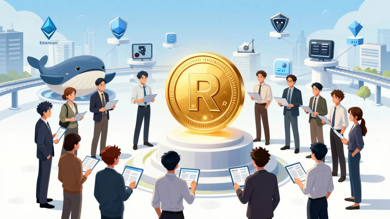 Group of anime users governing the RAIL token ecosystem in a bright city