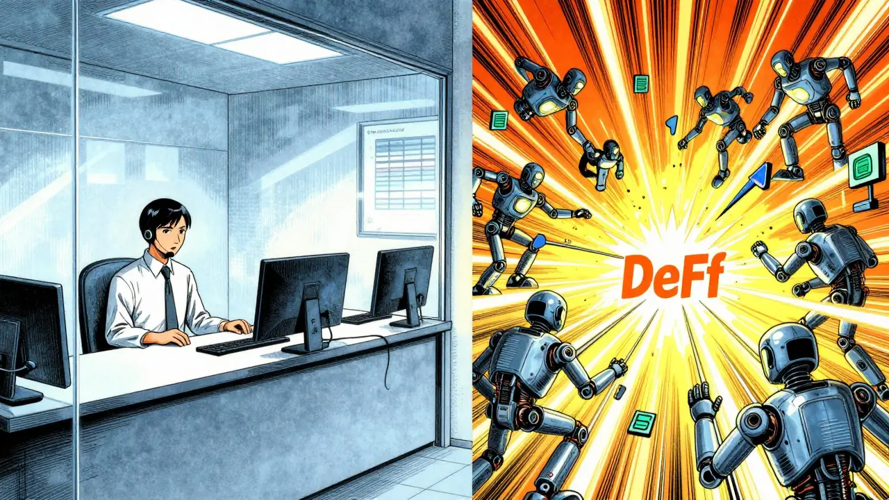 Illustration comparing opaque centralized lending with automated DeFi liquidations.