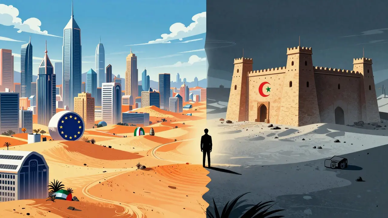 Isolated desert fortress vs futuristic city, manga style