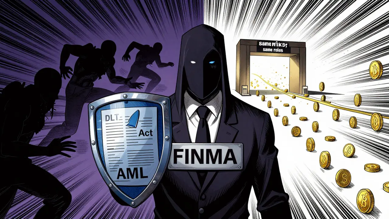 Manga art of a regulator blocking illegal crypto activities with a legal shield.
