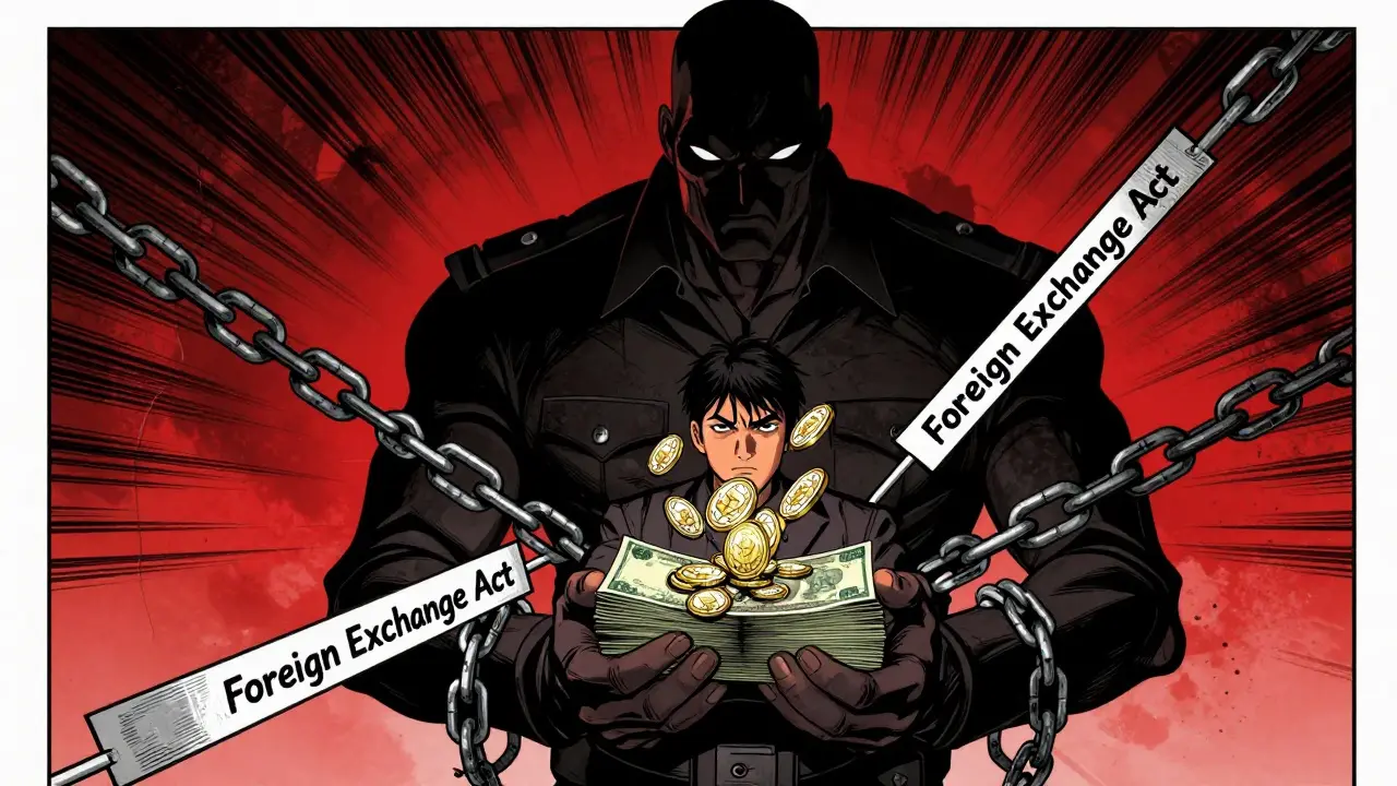 Manga art of legal chains binding a person with cash turning to crypto