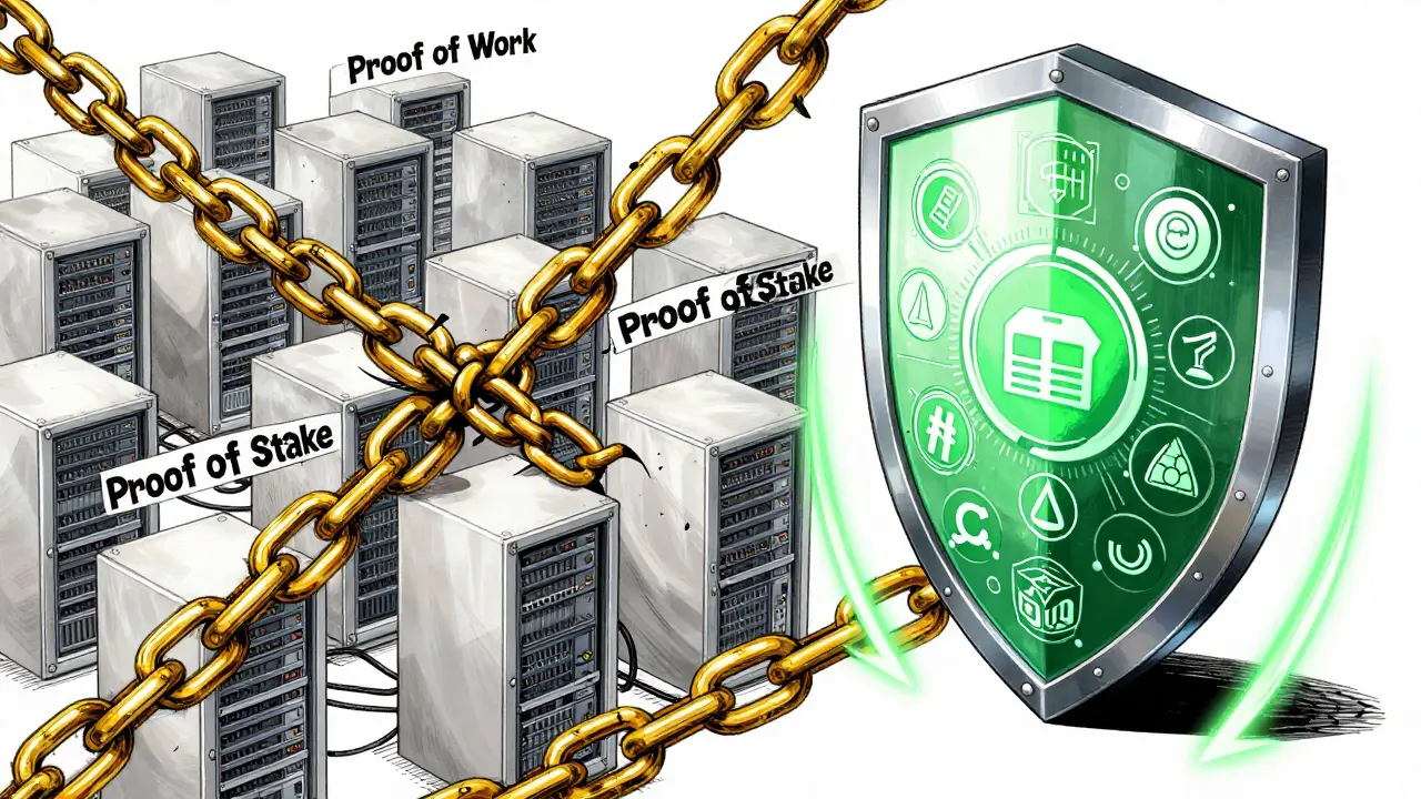 Manga art showing crypto consensus mechanisms crushing fake nodes to protect the network.