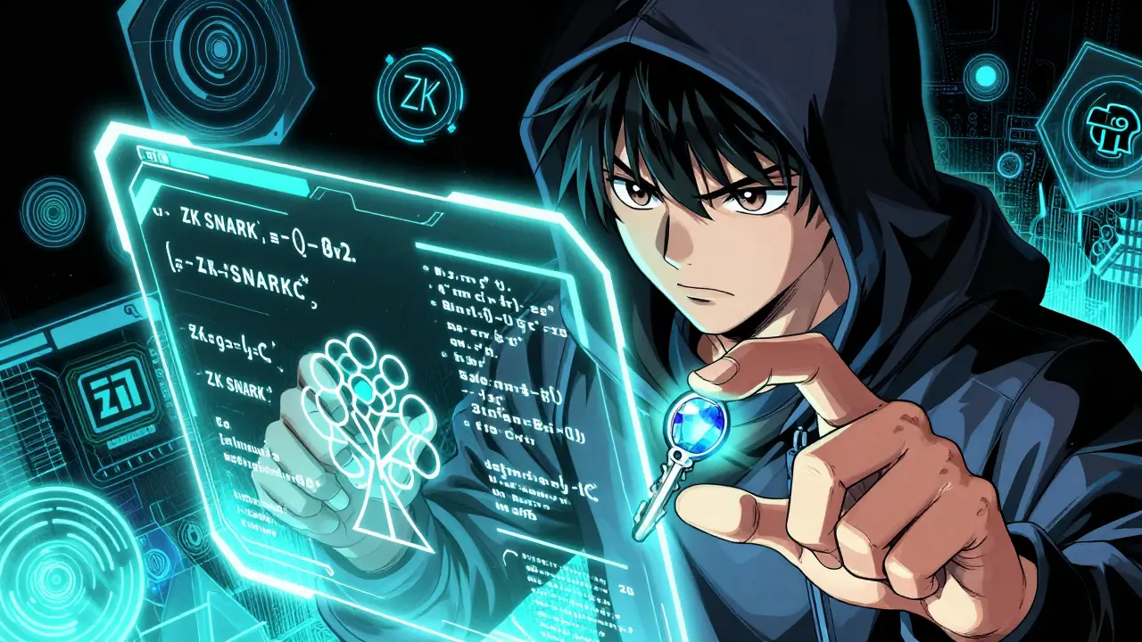 Manga artist manipulating holographic ZK-SNARK cryptography and private keys