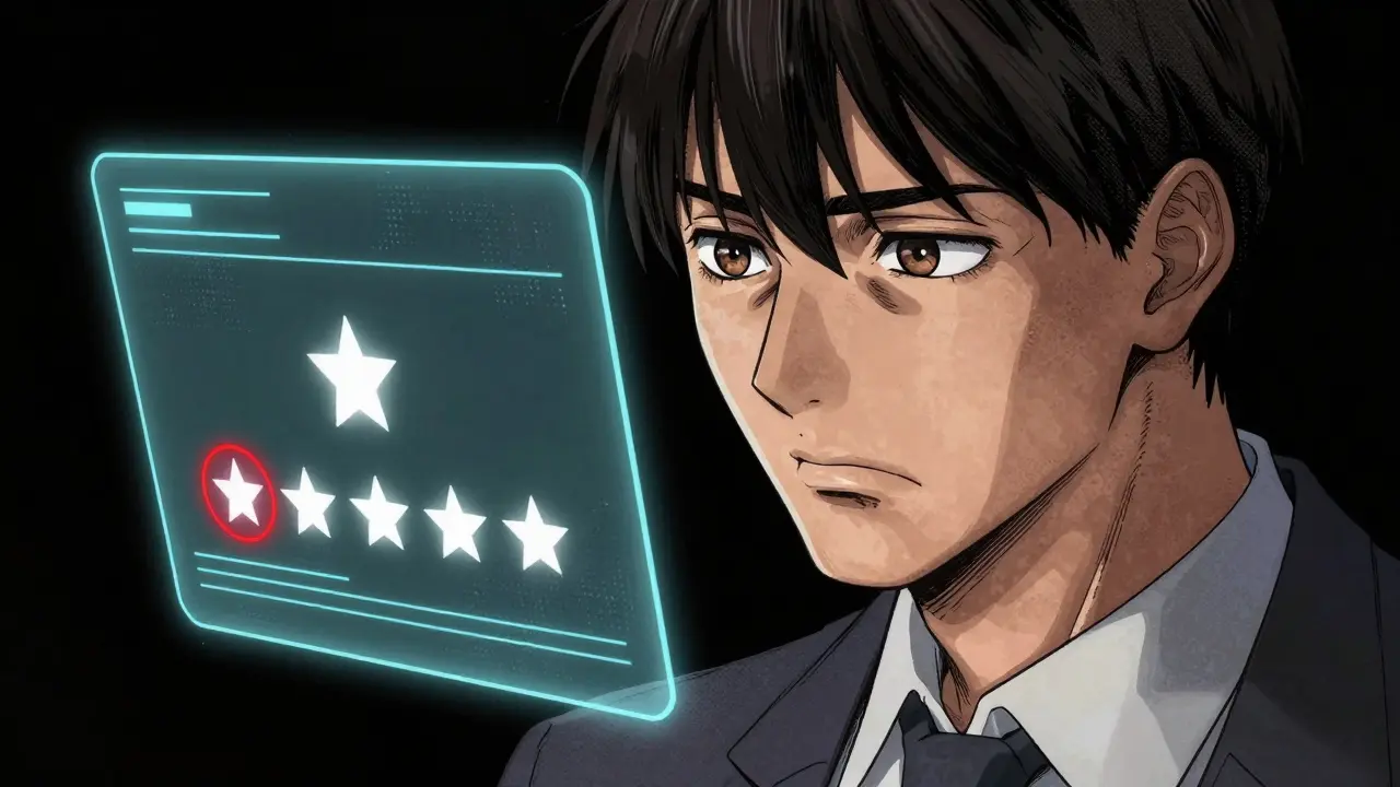 Manga character looking at a hologram showing very few user reviews