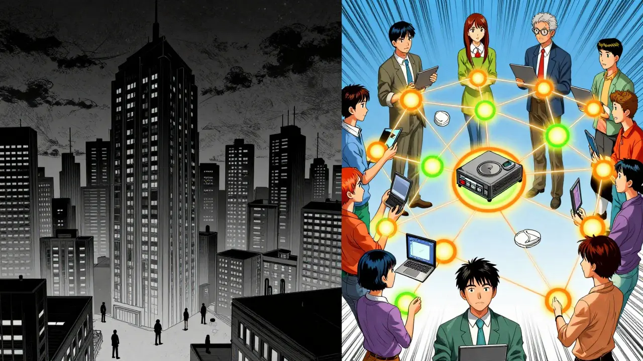 Manga comparison showing oppressive centralized towers versus a vibrant decentralized community network.