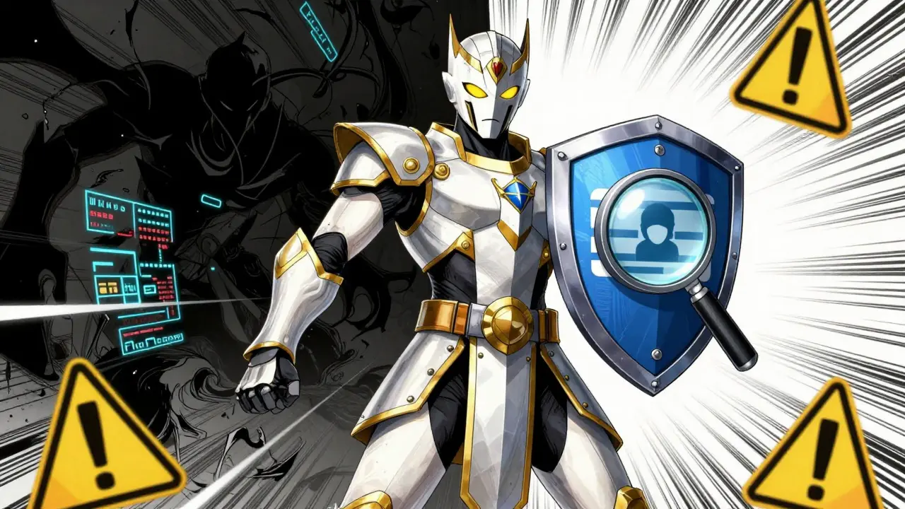 Manga guardian blocking dark shadows with a shield of ID verification symbols.