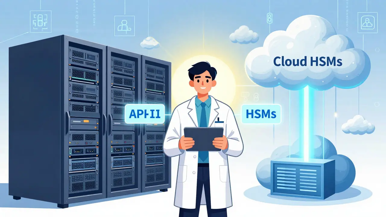 Manga illustration comparing physical and cloud HSM solutions