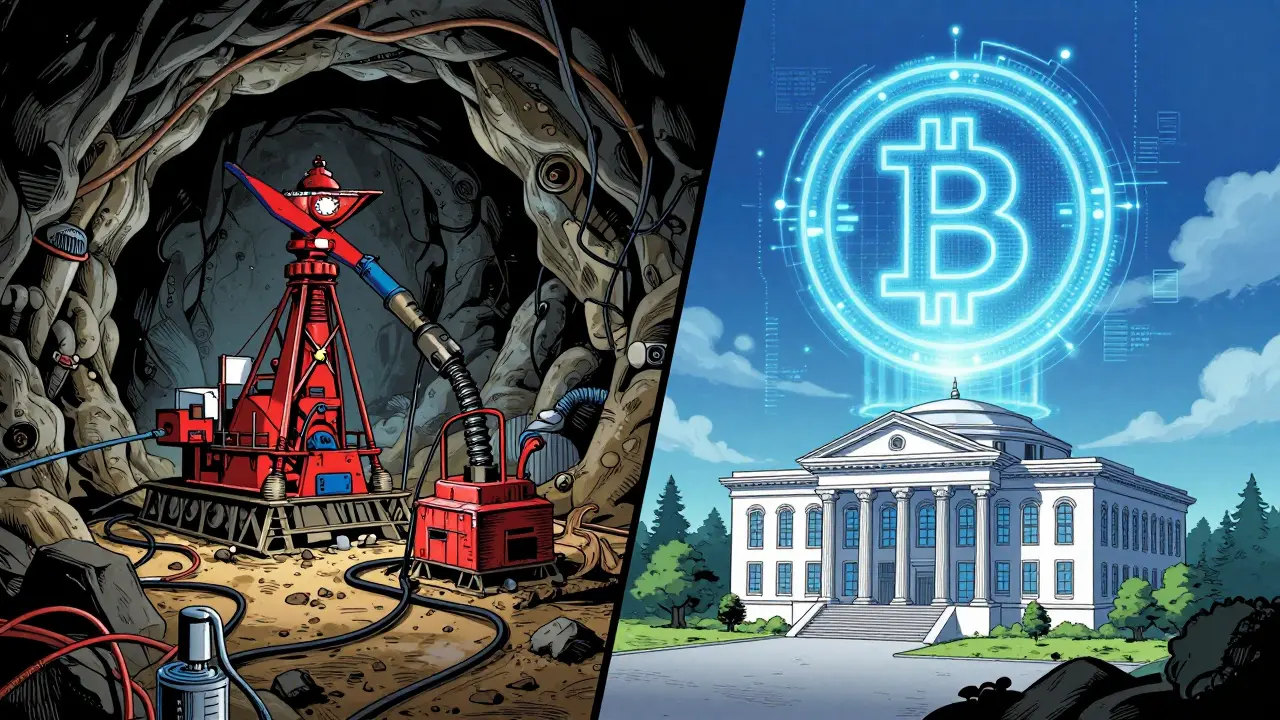Manga illustration contrasting illegal mining with regulated digital currency