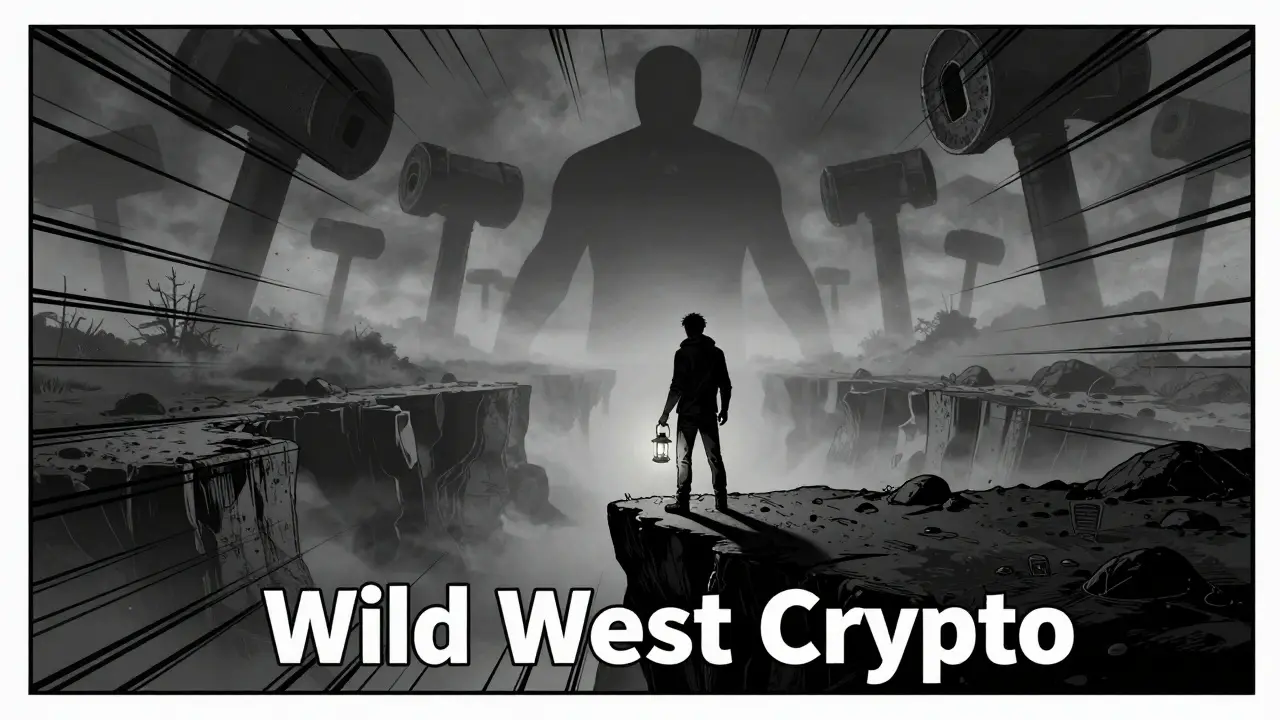Manga illustration of a trader facing high risks in a dark crypto landscape