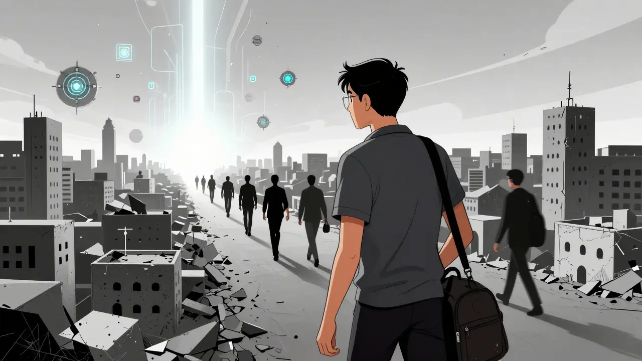Manga illustration of developers leaving Tunisia for better crypto opportunities.