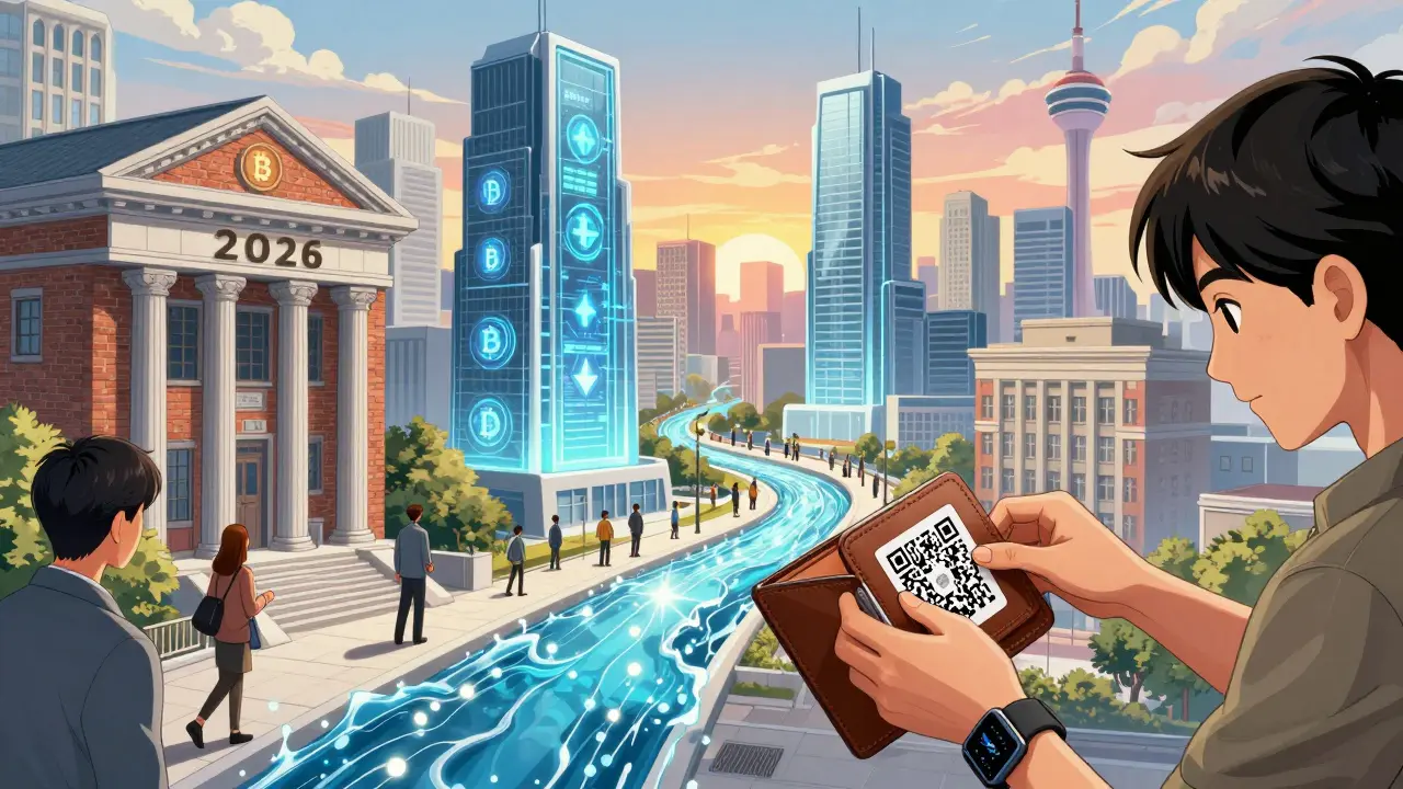 Manga illustration of futuristic city blending traditional banks and crypto tech