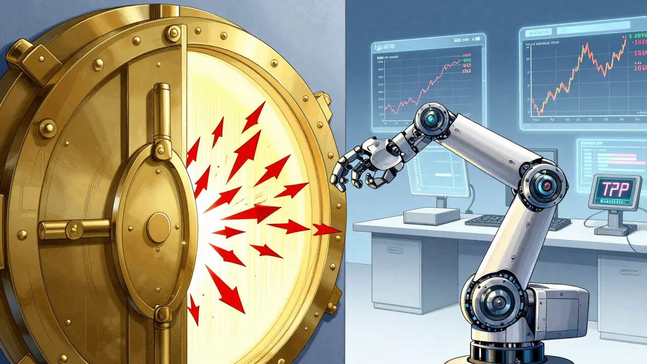 Manga illustration of robotic arm securing profits against market chaos