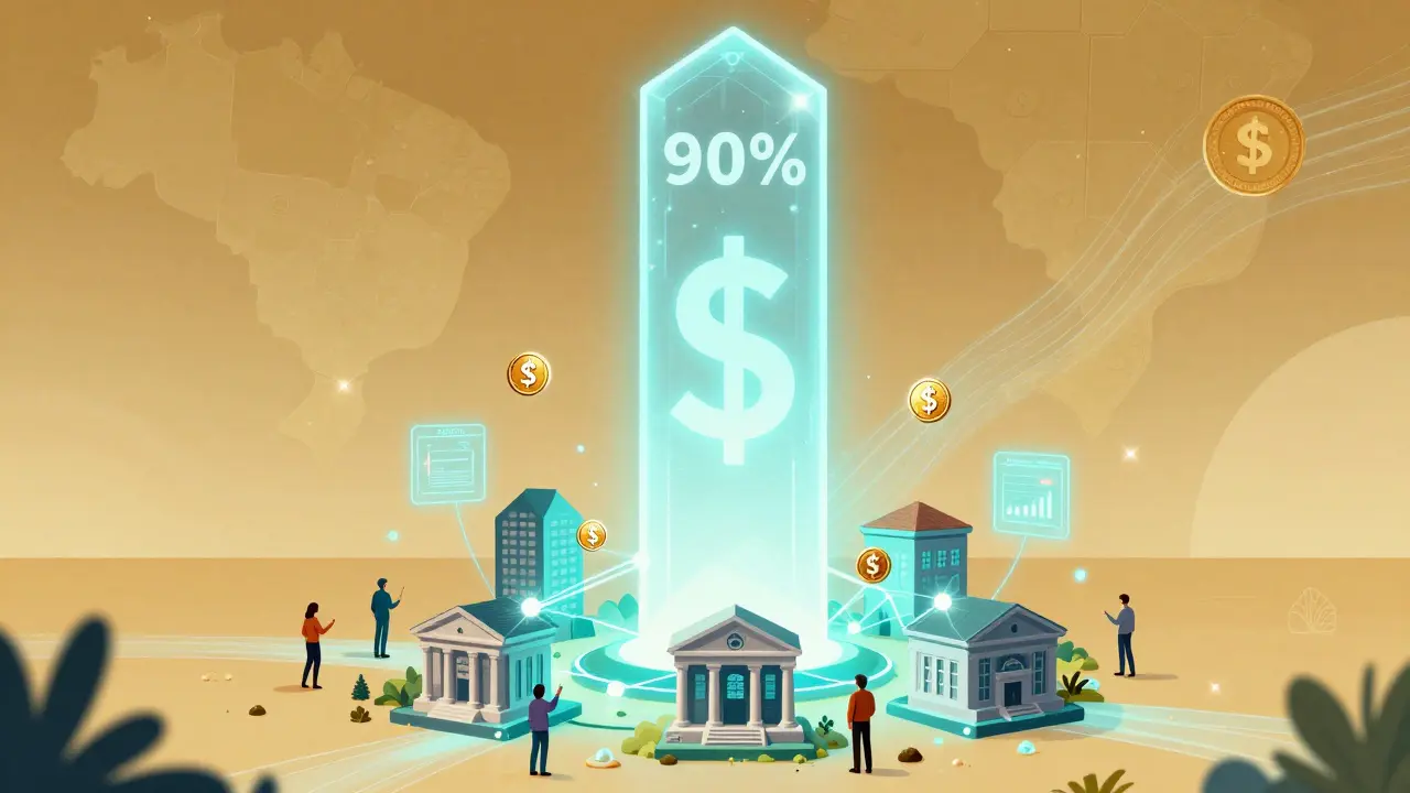 Manga illustration of stablecoin pillar and Drex blockchain connecting banks.