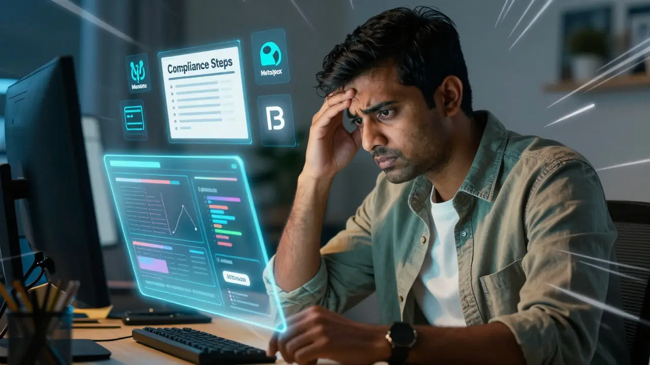 Manga investor auditing crypto assets and compliance documents on desk