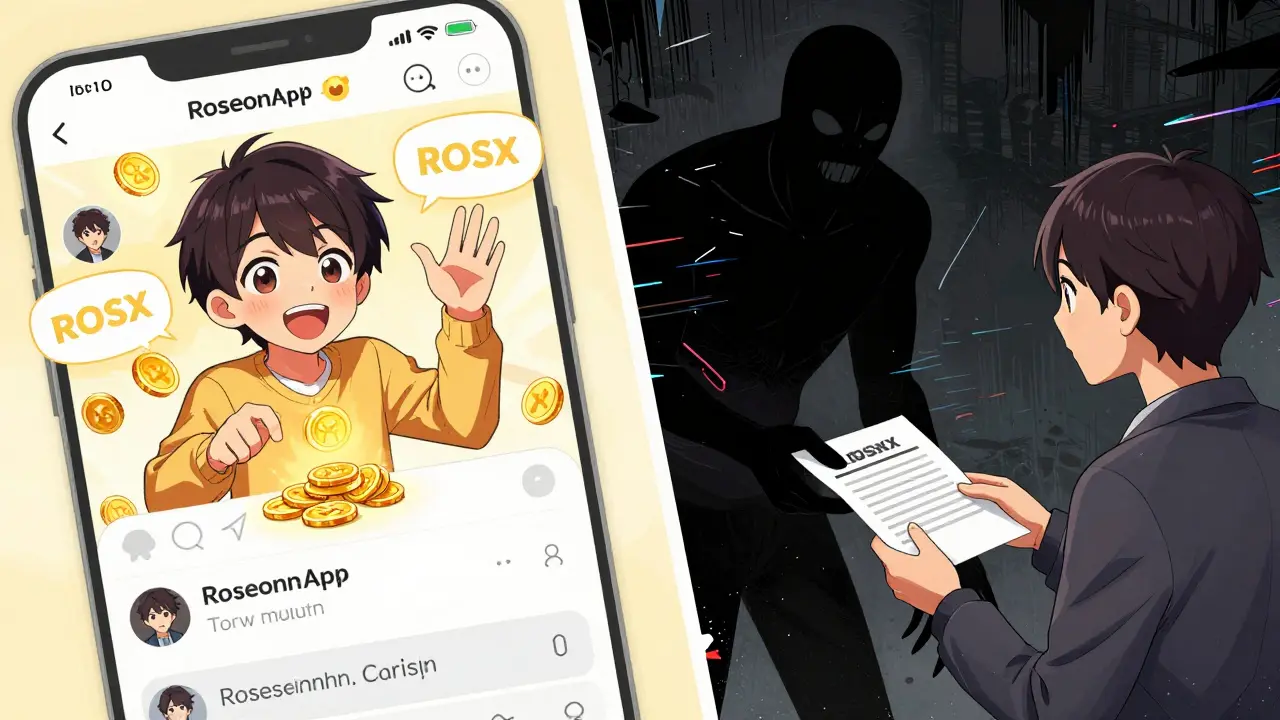 Manga scene contrasting safe loyalty rewards with dangerous crypto scams.