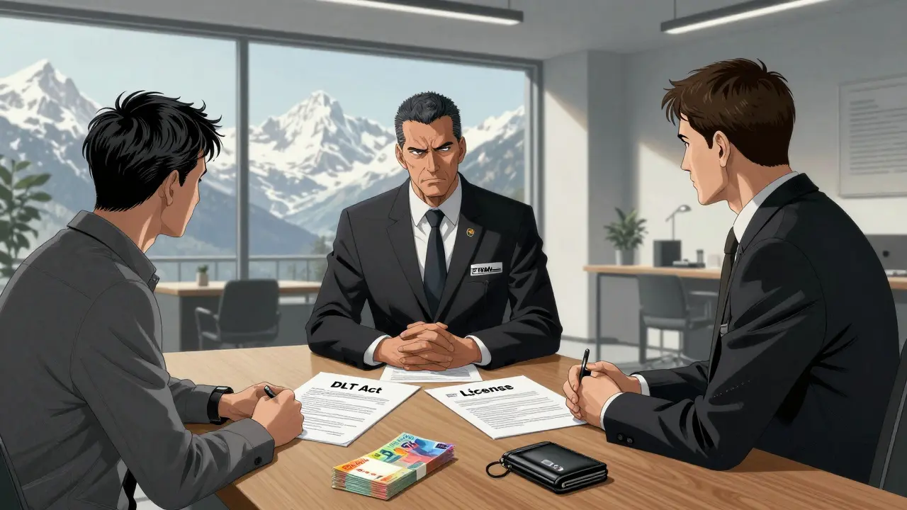 Manga scene of a business meeting discussing DLT Act regulations and licensing fees