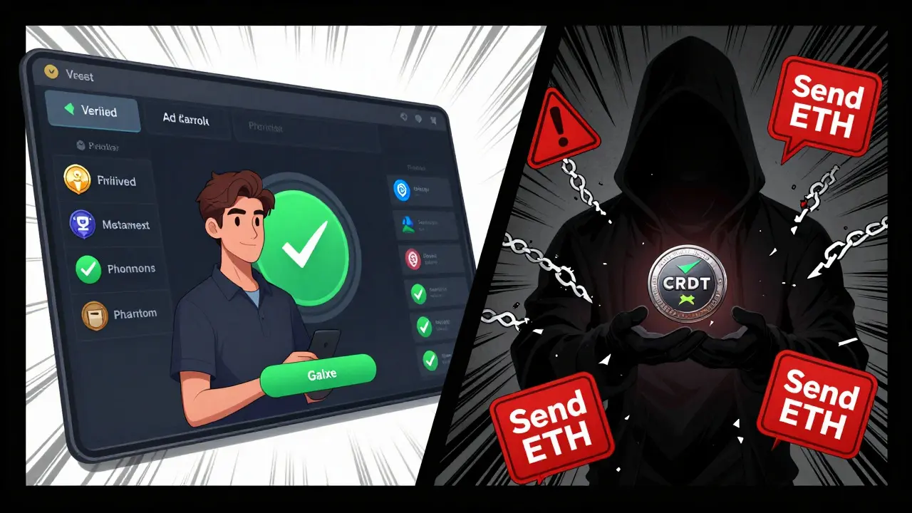 Manga split view showing safe airdrop claims versus dangerous scam attempts.