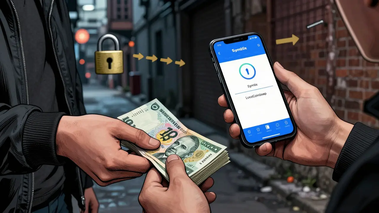 Manga style: P2P crypto trade with cash and phone in Skopje alley