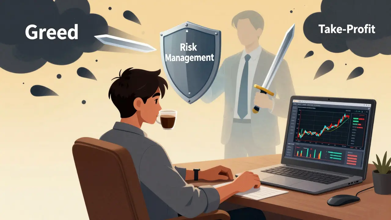 Manga style trader relaxing while automated orders handle risk management