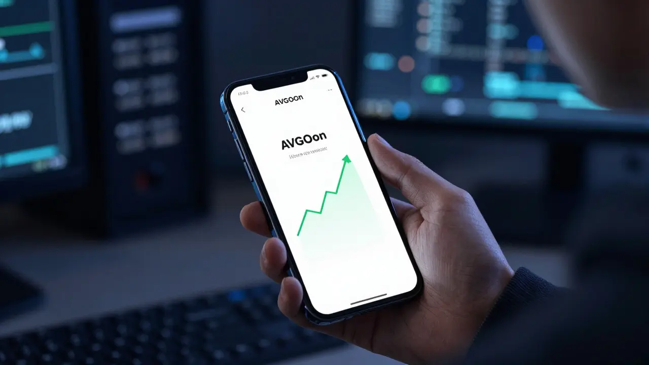 Person holding smartphone showing AVGOon crypto wallet interface in dark room