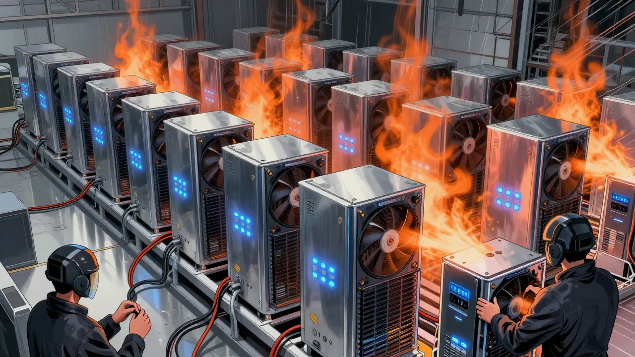 Rows of powerful ASIC mining rigs in an industrial warehouse