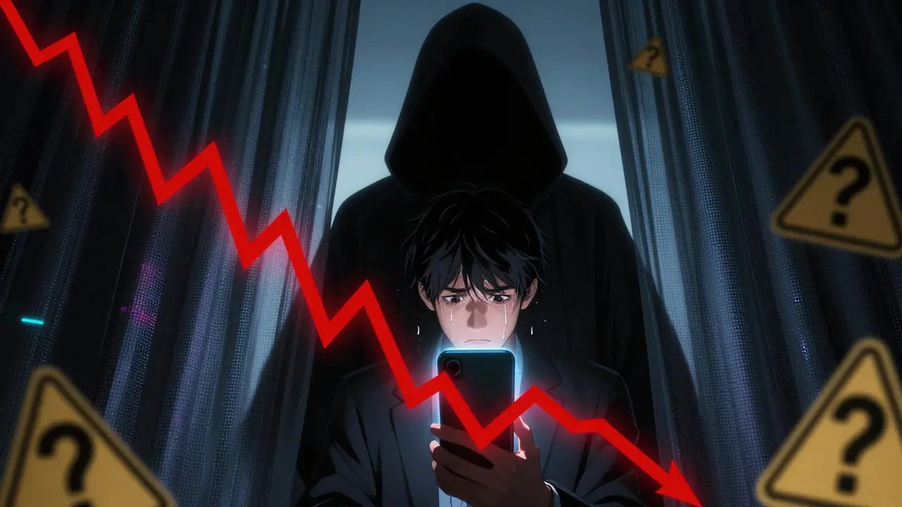 Shadowy anonymous developer behind a screen while an investor watches a crashing crypto chart.