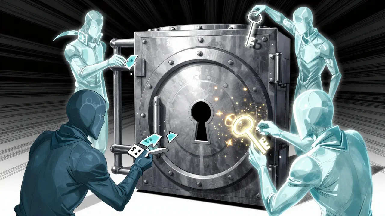 Three spectral guardians holding key fragments around a secure digital vault in manga art.