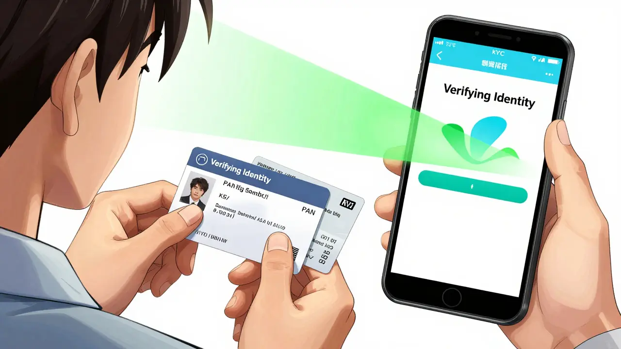 User verifying identity with Aadhaar and PAN cards via smartphone scan