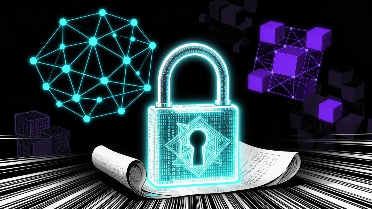 Abstract manga art of encrypted data locked in a digital vault network.