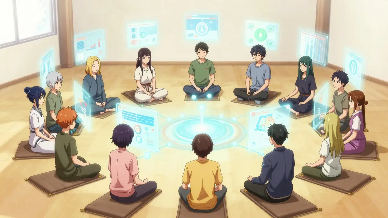Anime characters meditating in a crypto-themed zen circle