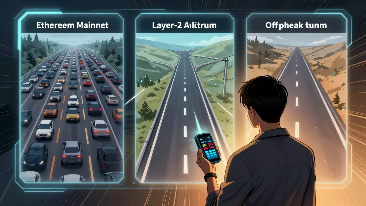 Anime style character choosing between different blockchain paths to optimize transaction costs and avoid congestion.