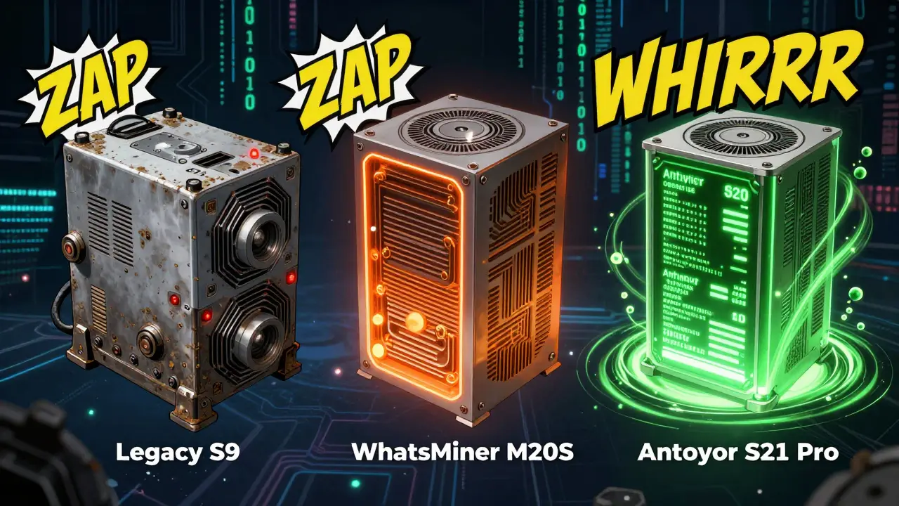 Anime style comparison of old vs new efficient Bitcoin mining hardware units.