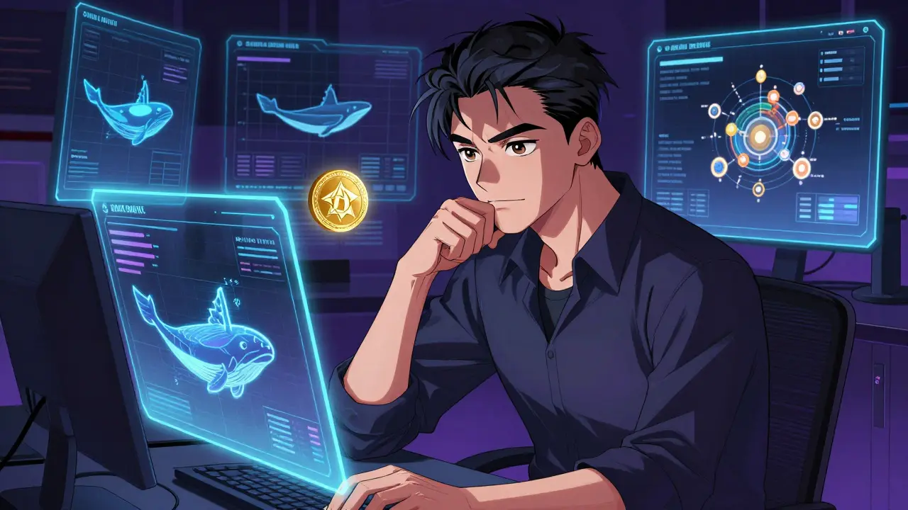 Anime trader analyzing crypto data on holographic screens