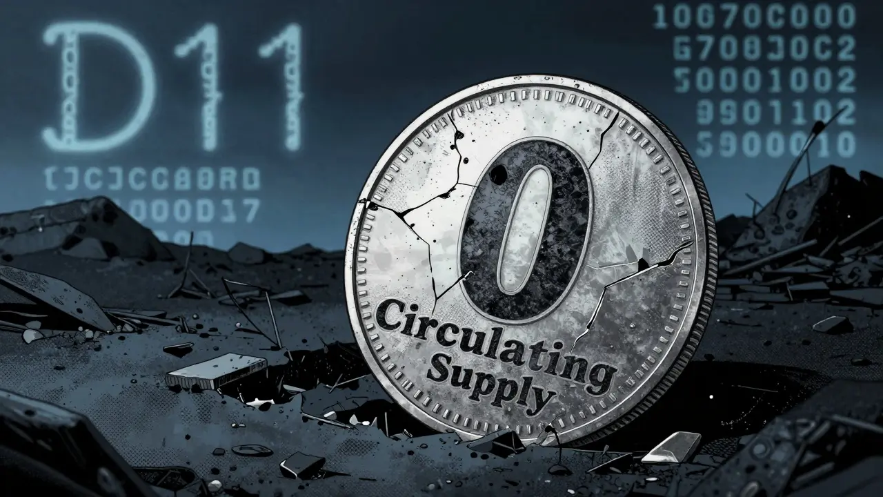 Cracked D11 token symbolizing zero circulating supply
