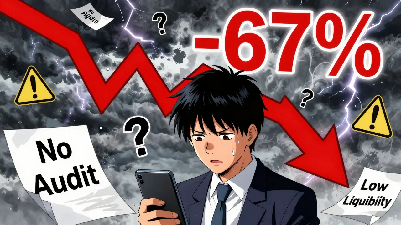 Dramatic manga scene showing crypto price crash and investment risks
