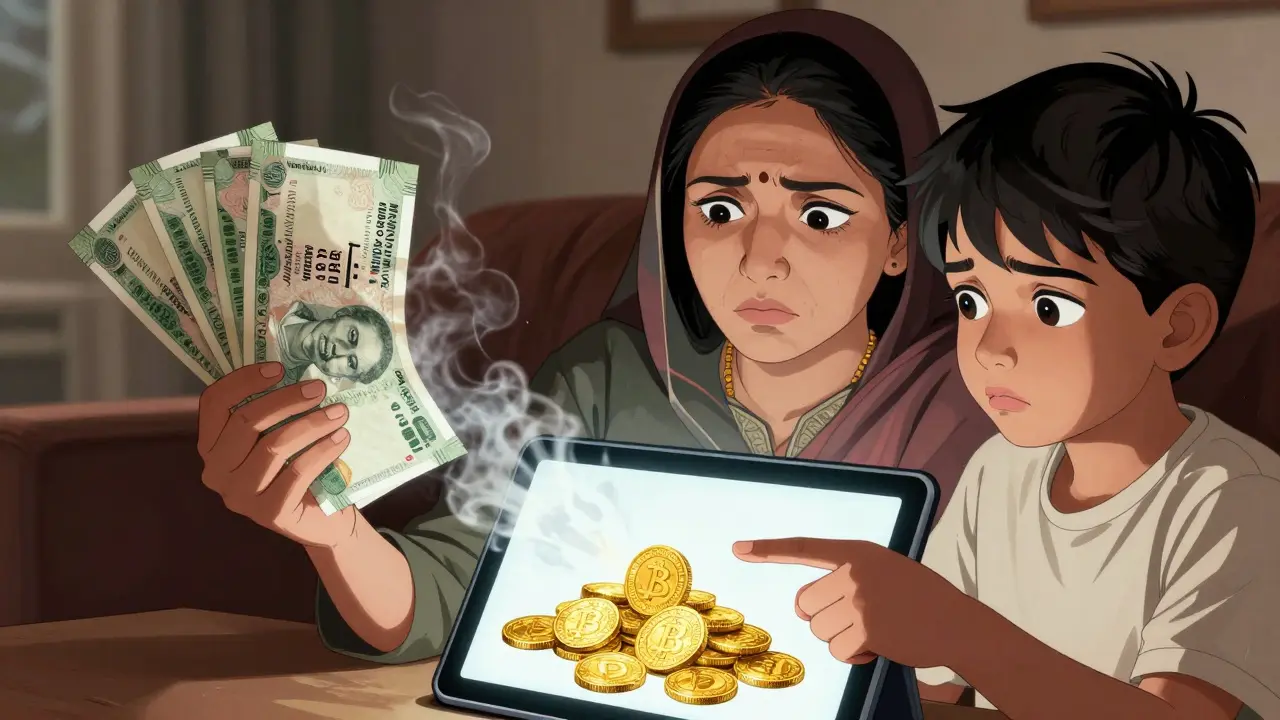 Family comparing fading cash to stable digital assets on tablet screen