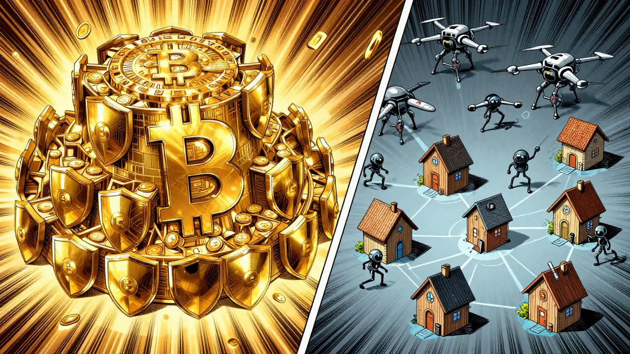 Fortress-like Bitcoin network vs. fragile altcoins under attack by drones, illustrating security cost disparities.