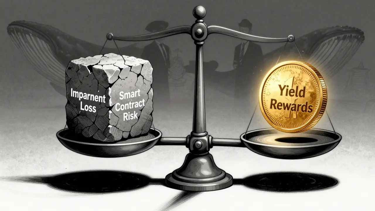 Illustration of a scale balancing financial risks against yield rewards in a dark void.