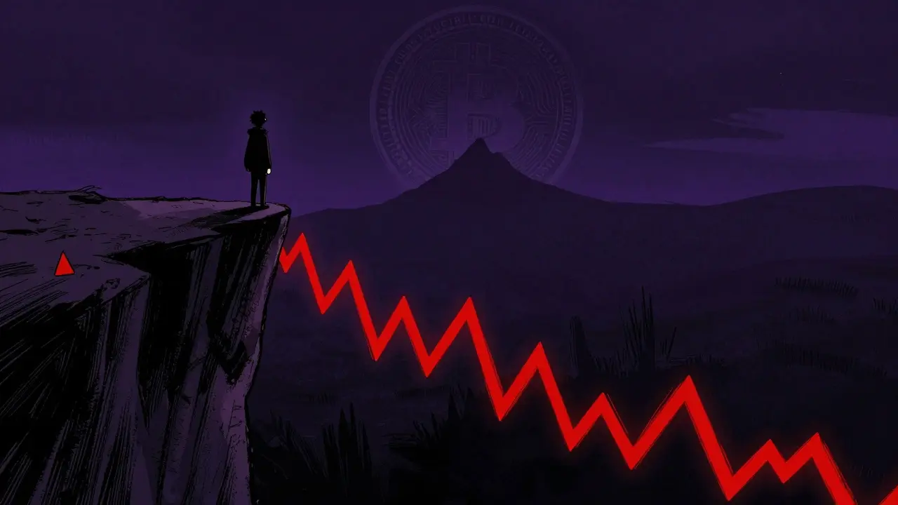 Manga art of investor facing steep crypto price drop on cliff