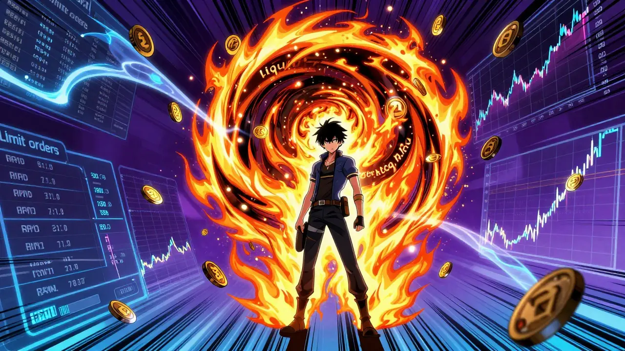 Manga art of Uruloki dApp burning tokens in a liquidity vortex