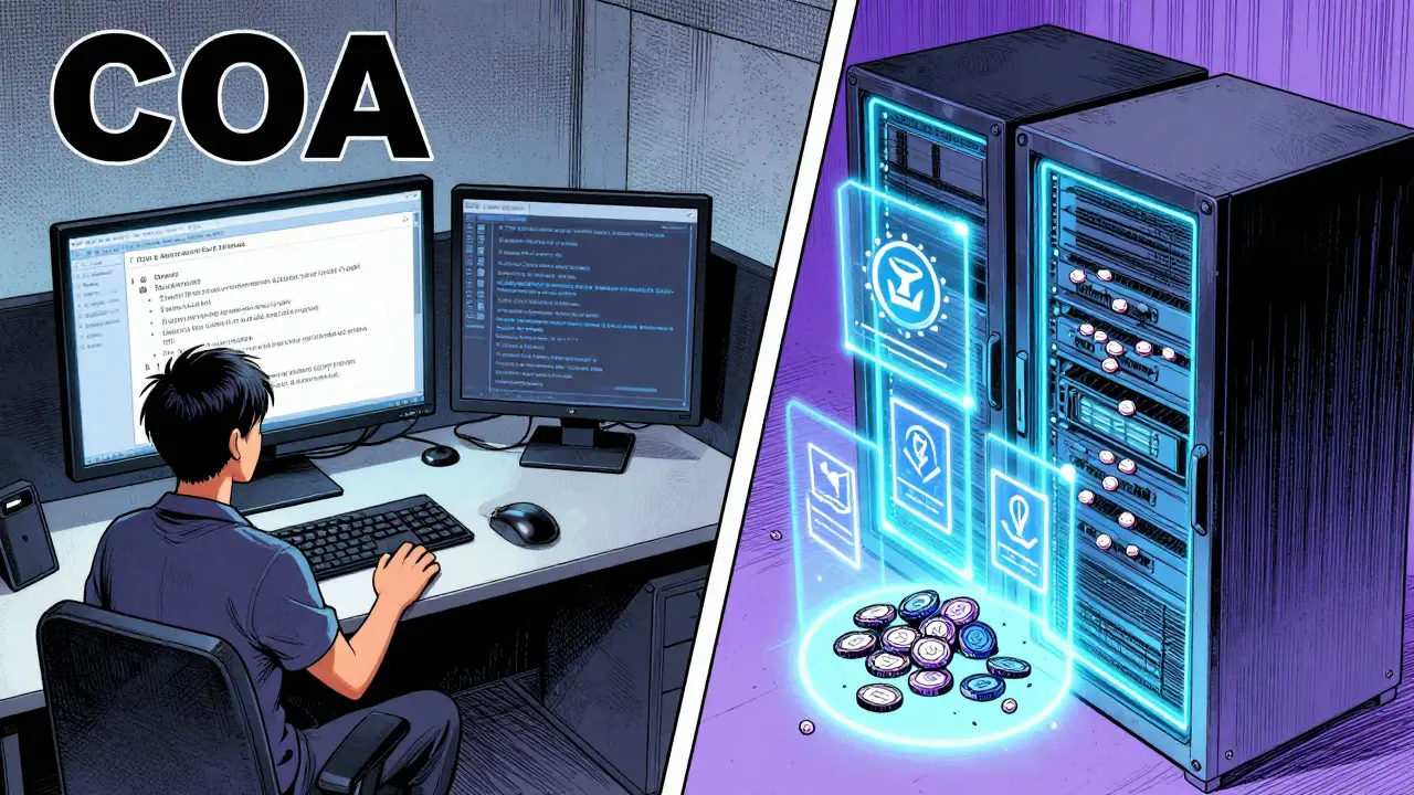 Manga art showing COA token utility for devs and stakers