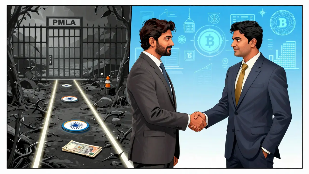 Manga art showing two paths: risky crypto compliance vs safe fiat business operations in India.