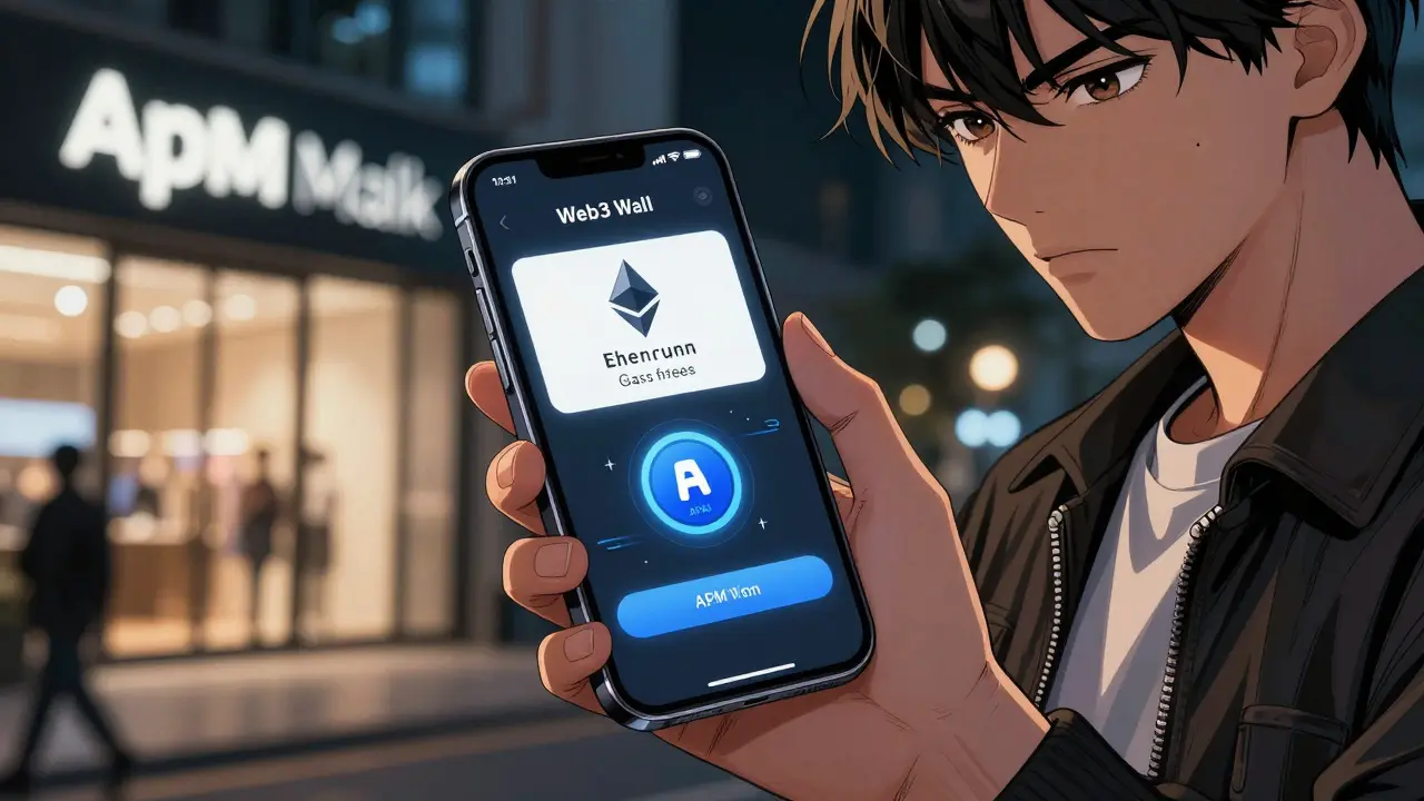Manga close-up of smartphone showing crypto wallet and token swap