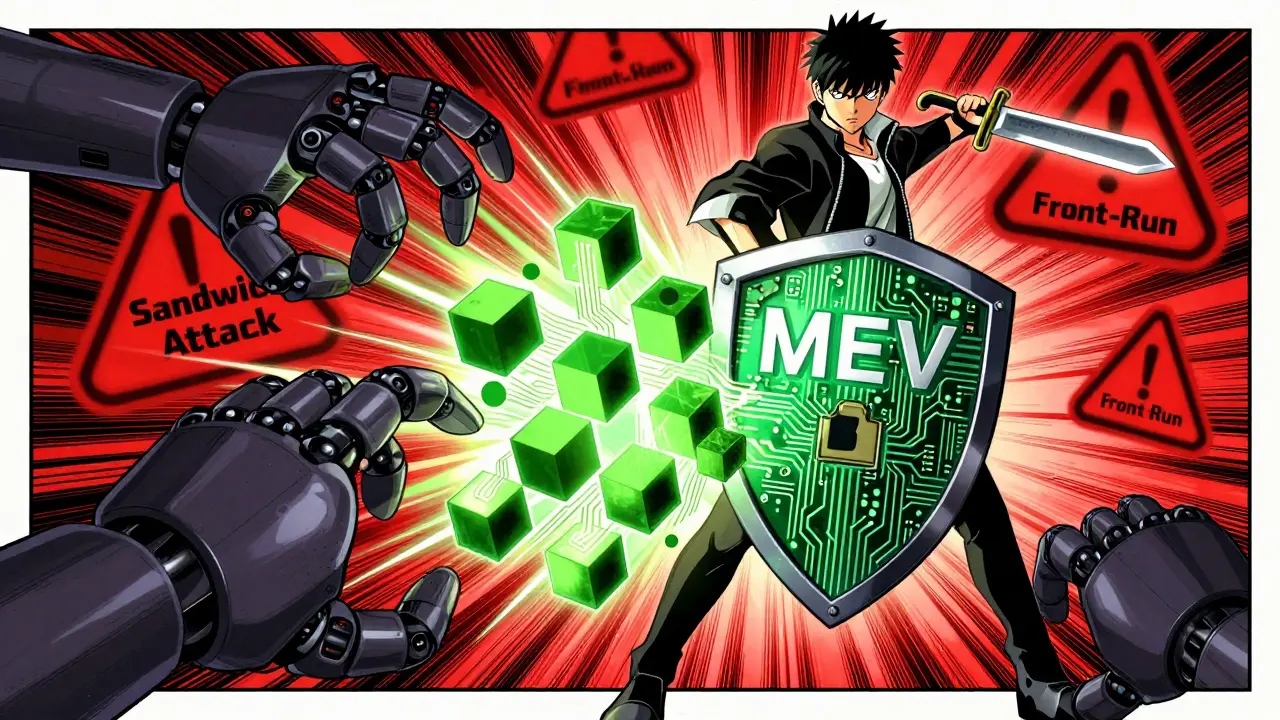 Manga hero defending against shadowy bots with a blockchain shield in a digital storm.