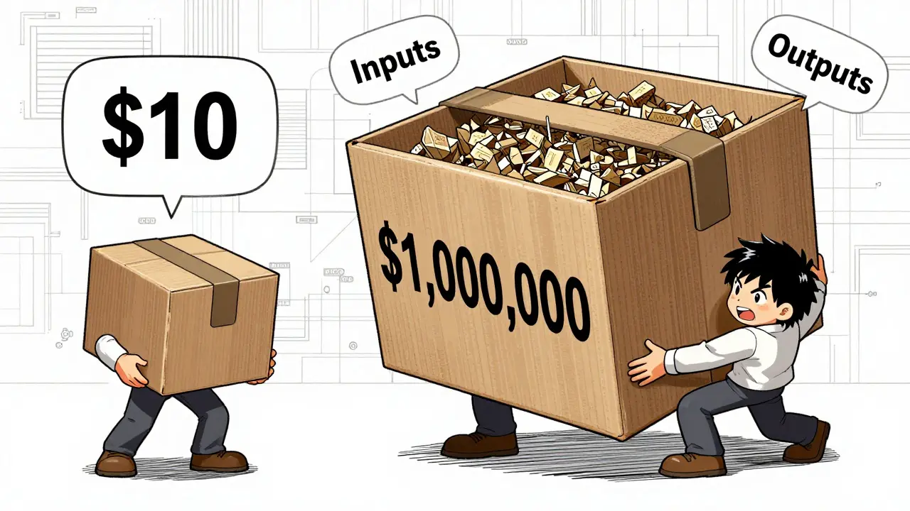 Manga illustration comparing a small light package to a large heavy one, showing transaction size matters more than value.