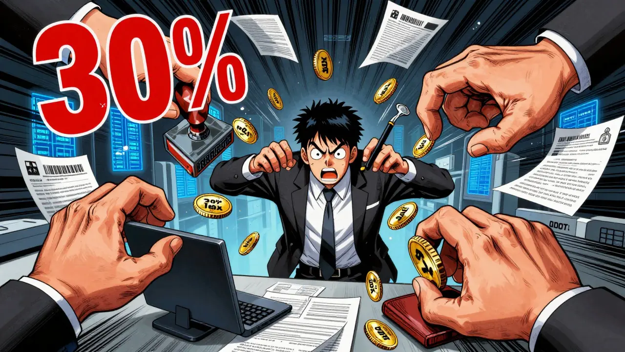 Manga illustration of a businessman overwhelmed by giant hands representing high crypto taxes.