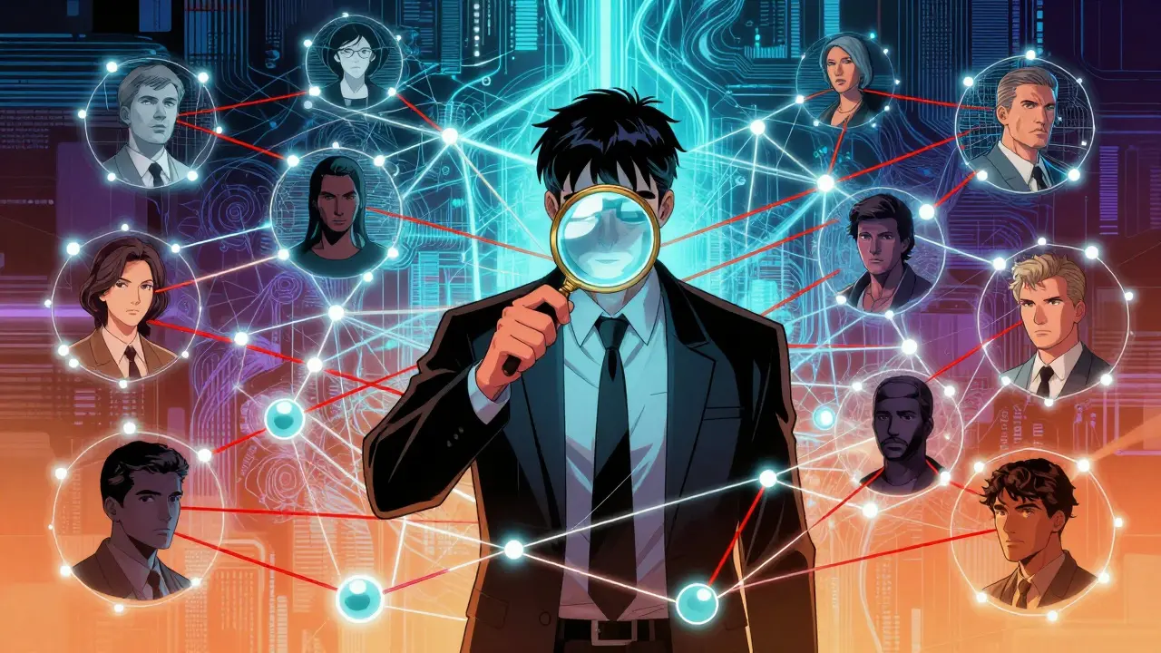 Manga illustration of analysts using blockchain data to reveal criminal identities.